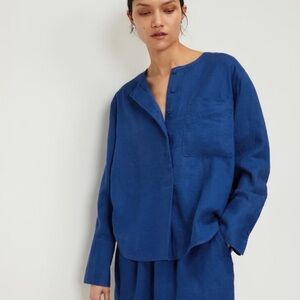 Everlane Mazarine Blue Linen Women Sz 6 3/4 Button Crew Pullover Top